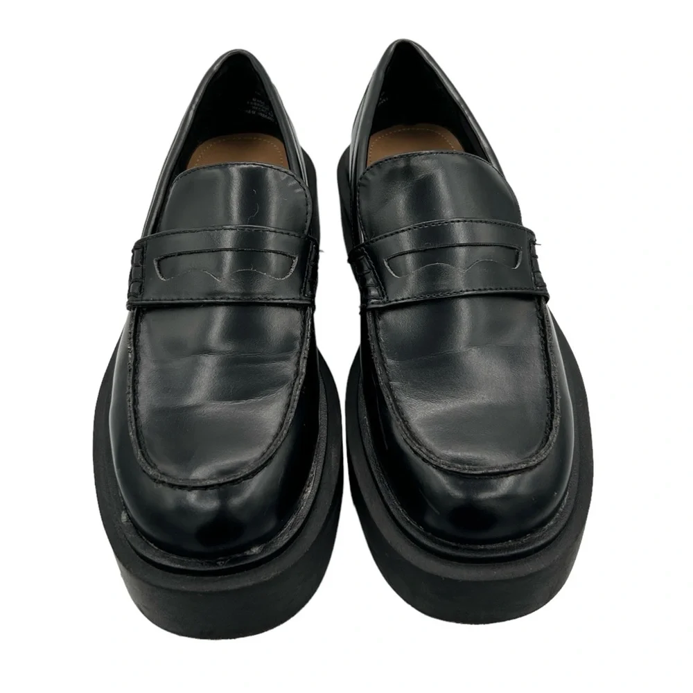H&M Black Faux Leather Chunky Platform Preppy Slip On Penny Loafers (6)